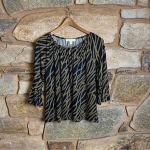 Michael Kors Navy Blue Gold Chain Print Blouse